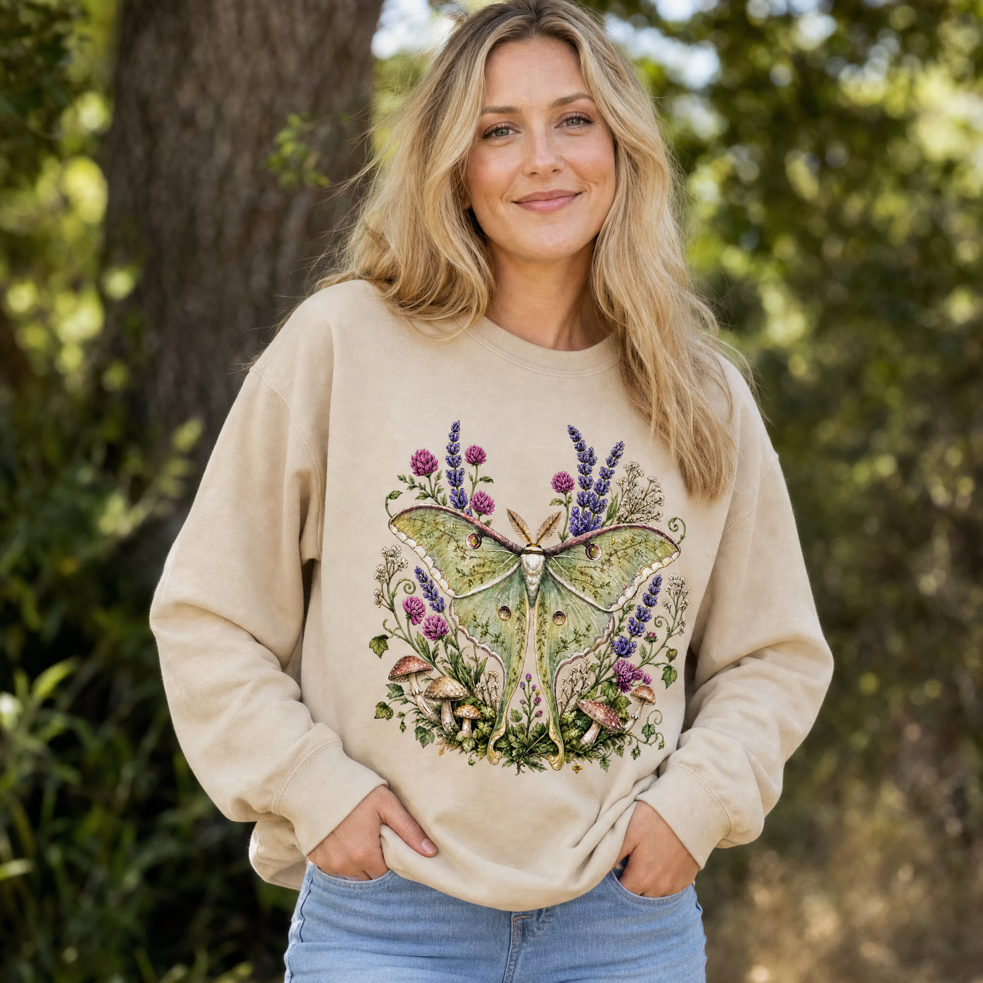 Model wearing the Luna Moth sweatshirt in Sand