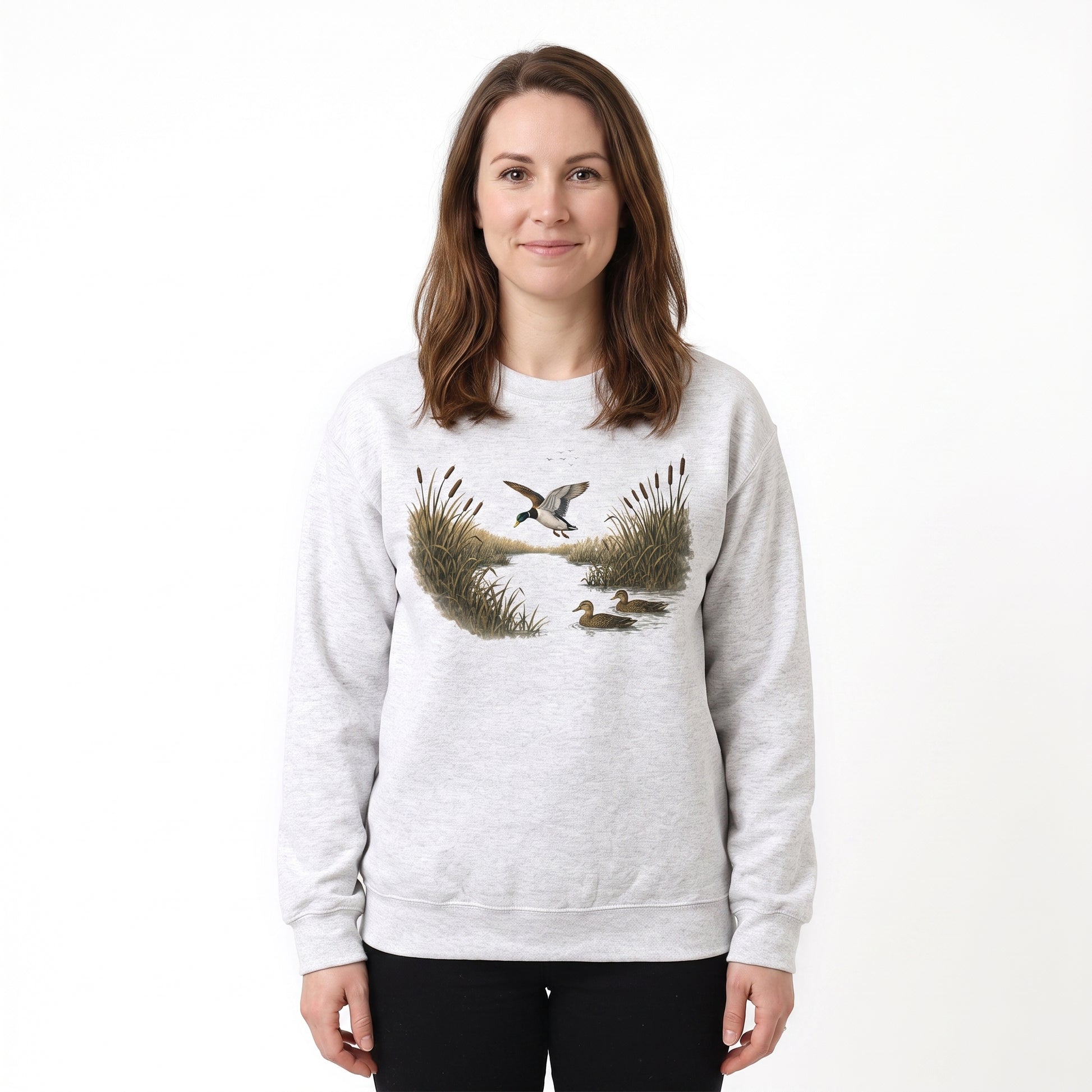 Model wearing the Mallard Ducks sweatshirt in Ash, cover image 1