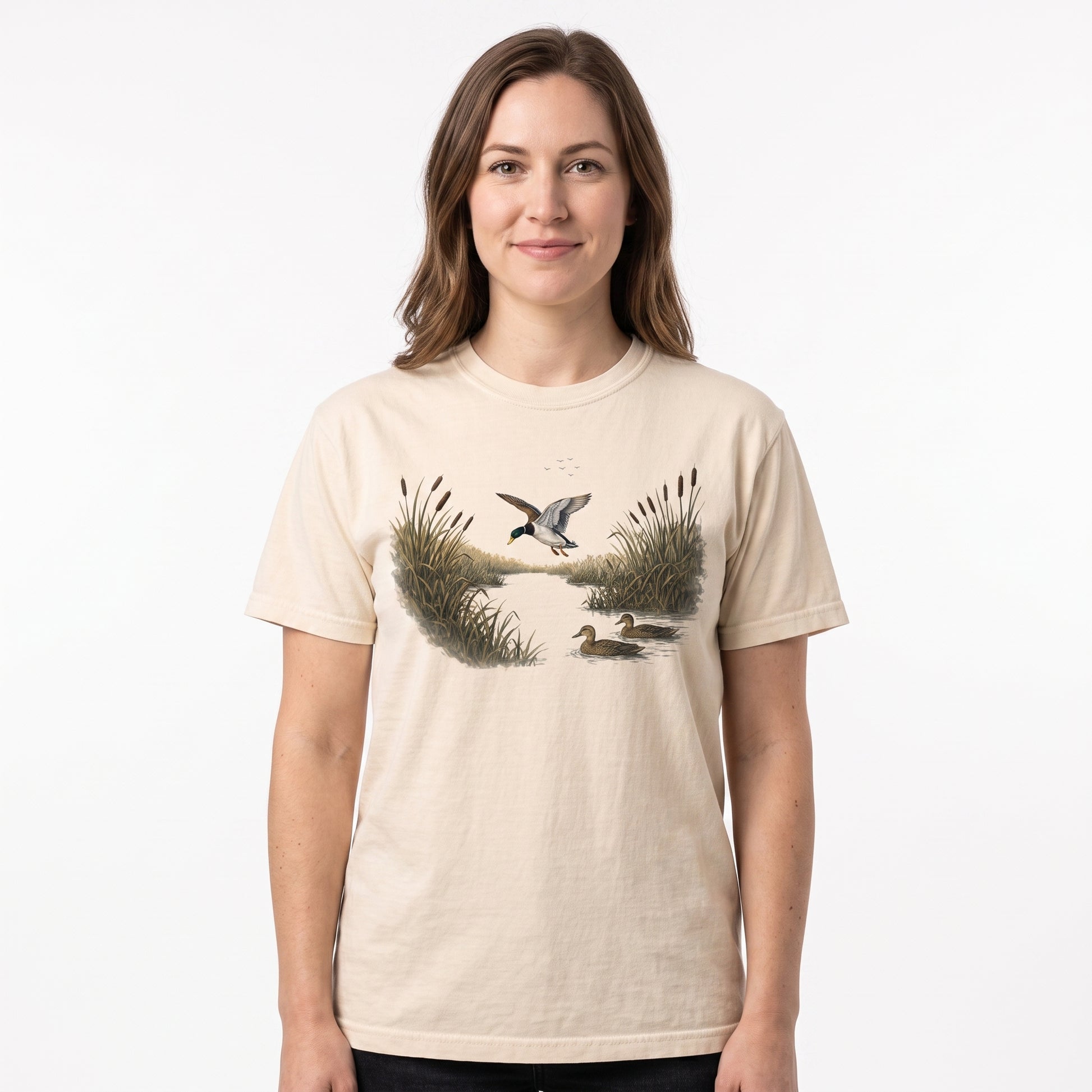 Model wearing the Mallard Ducks comfort colors tee in Ivory, cover image 1