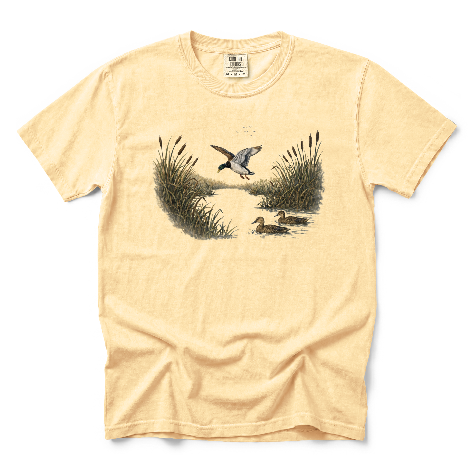 Mallard Ducks graphic on Comfort Colors 1717 in Butter