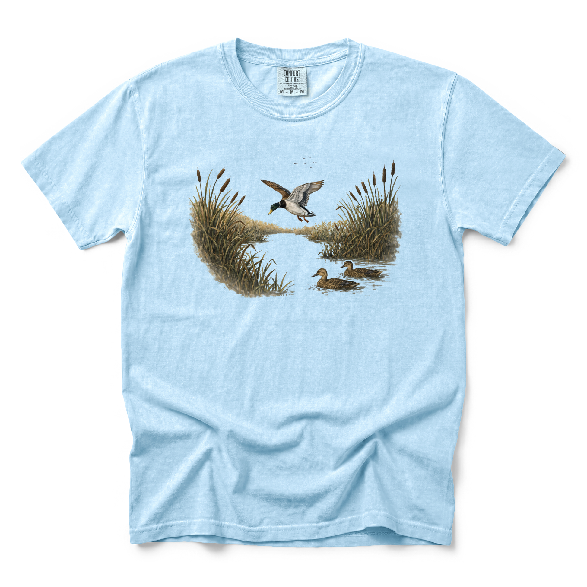 Mallard Ducks graphic on Comfort Colors 1717 in Chambray