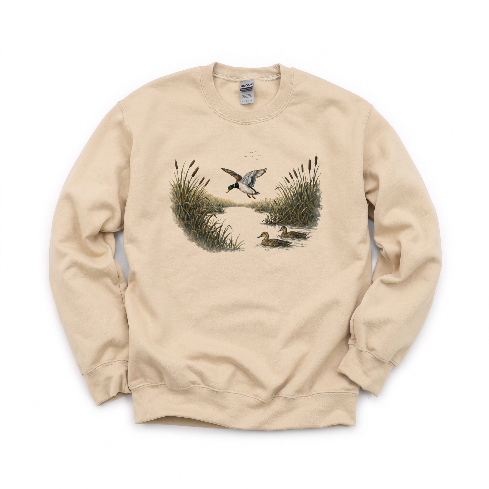 Mallard Ducks graphic on Gildan 18000 in Sand