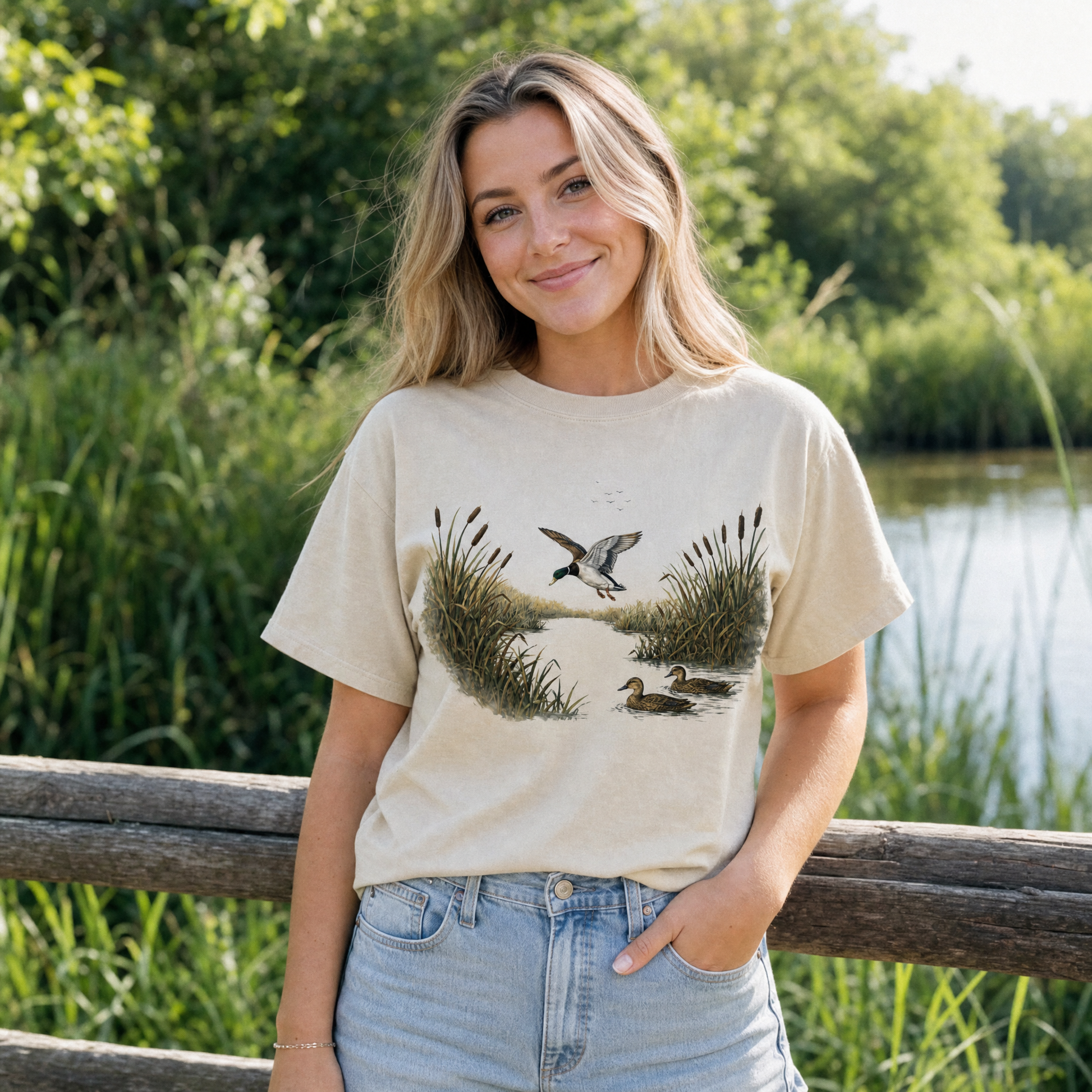 Model wearing the Mallard Ducks comfort colors tee in Ivory, lifestyle image 1