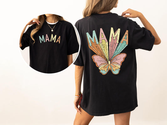 Mama, Butterfly, Colorful, Mother's Day, Mother, Front and Back, Pastel, Retro, Psychedelic, Tshirt