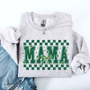 Mama, Checkered, Bow, Ribbon, St Patrick's Day, Shamrock, Clover, Lucky, Leprechaun Sweatshirt