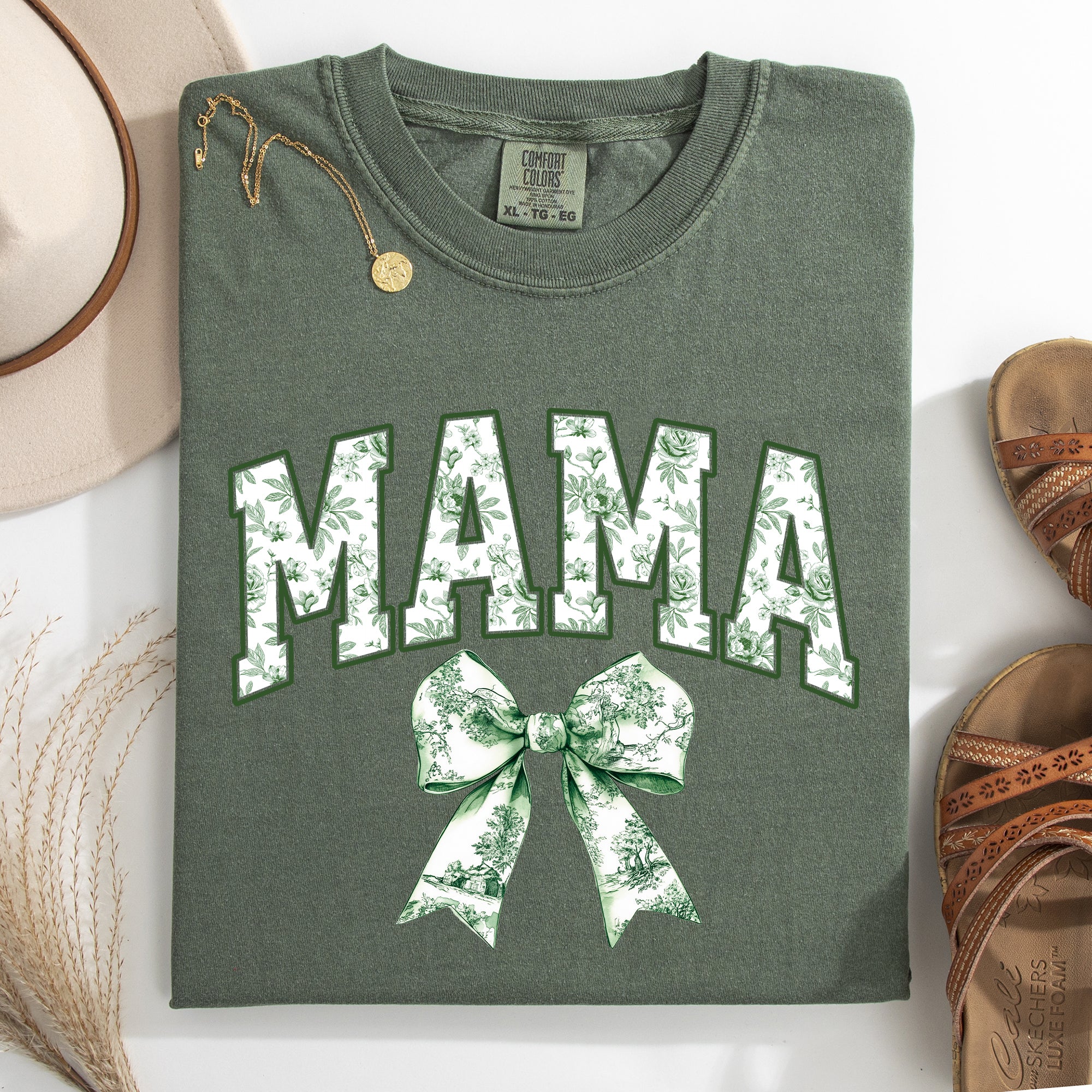 Mama, Chinoiserie, Coquette, Bow, Ribbon, St Patrick's Day, Shamrock, Clover, Lucky, Leprechaun Tshirt Comfort Colors T-Shirt
