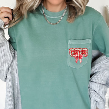 Mama, Christmas Bow, Retro Pocket, Santa, Winter Pocket Tee Comfort Colors T-Shirt
