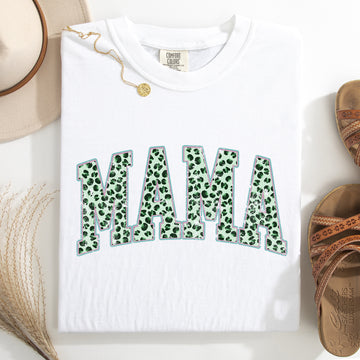 Mama, Leopard Print, Collegiate, Varsity, St Patrick's Day, Shamrock, Clover, Lucky, Leprechaun Tshirt Comfort Colors T-Shirt