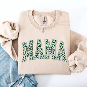 Mama, Leopard Print, Collegiate, Varsity, St Patrick's Day, Shamrock, Clover, Lucky, Leprechaun Sweatshirt