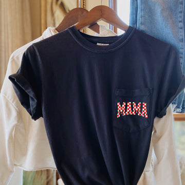 Mama, Retro Checkered Christmas, Pocket Tee Comfort Colors T-Shirt