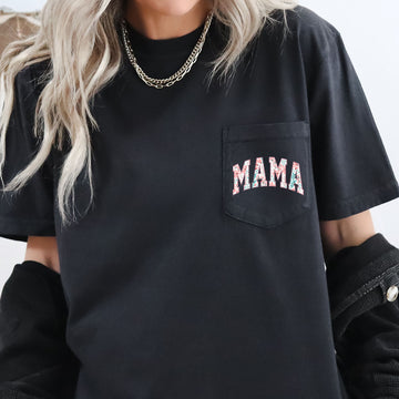 Mama, Retro Floral, Pinks, Pocket Tee Comfort Colors T-Shirt
