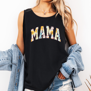 Mama, Yellow Flowers, Varsity, Floral Comfort Colors Tank Top