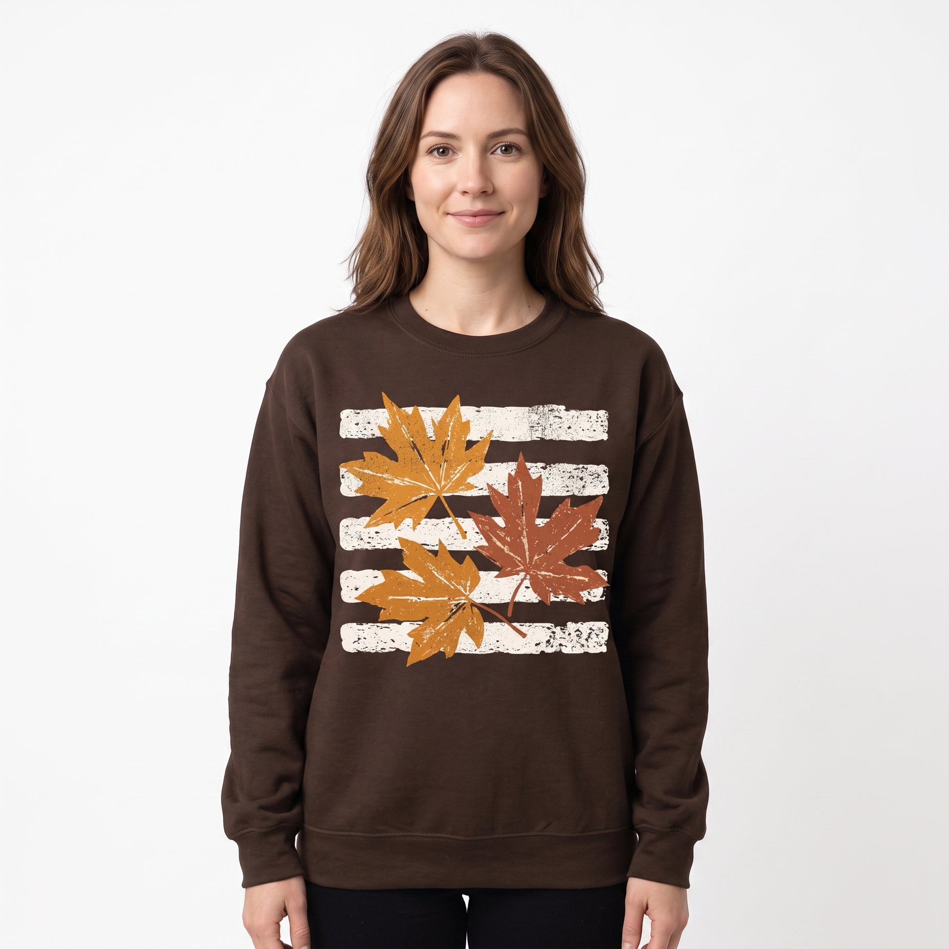 Model wearing the Maple Leaves sweatshirt in Dark Chocolate, cover image 1