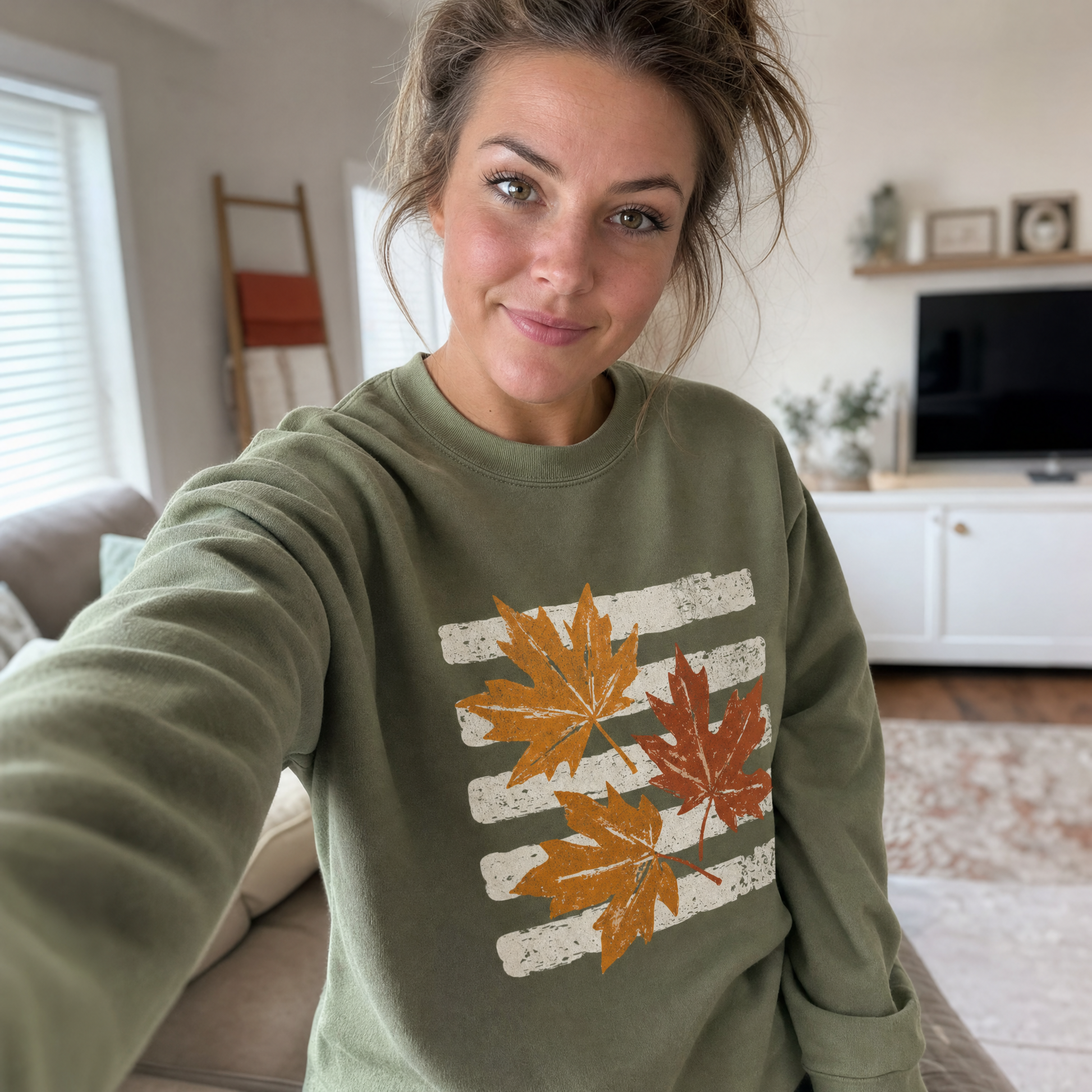 Model wearing the Maple Leaves sweatshirt in Military Green