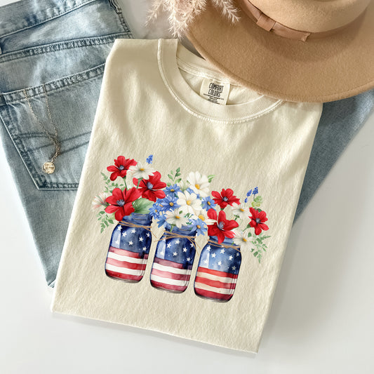 Mason Jars with Flowers, Patriotic, 4th of July Tshirt