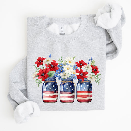 Mason Jars with Flowers, Patriotic, 4th of July Sweatshirt