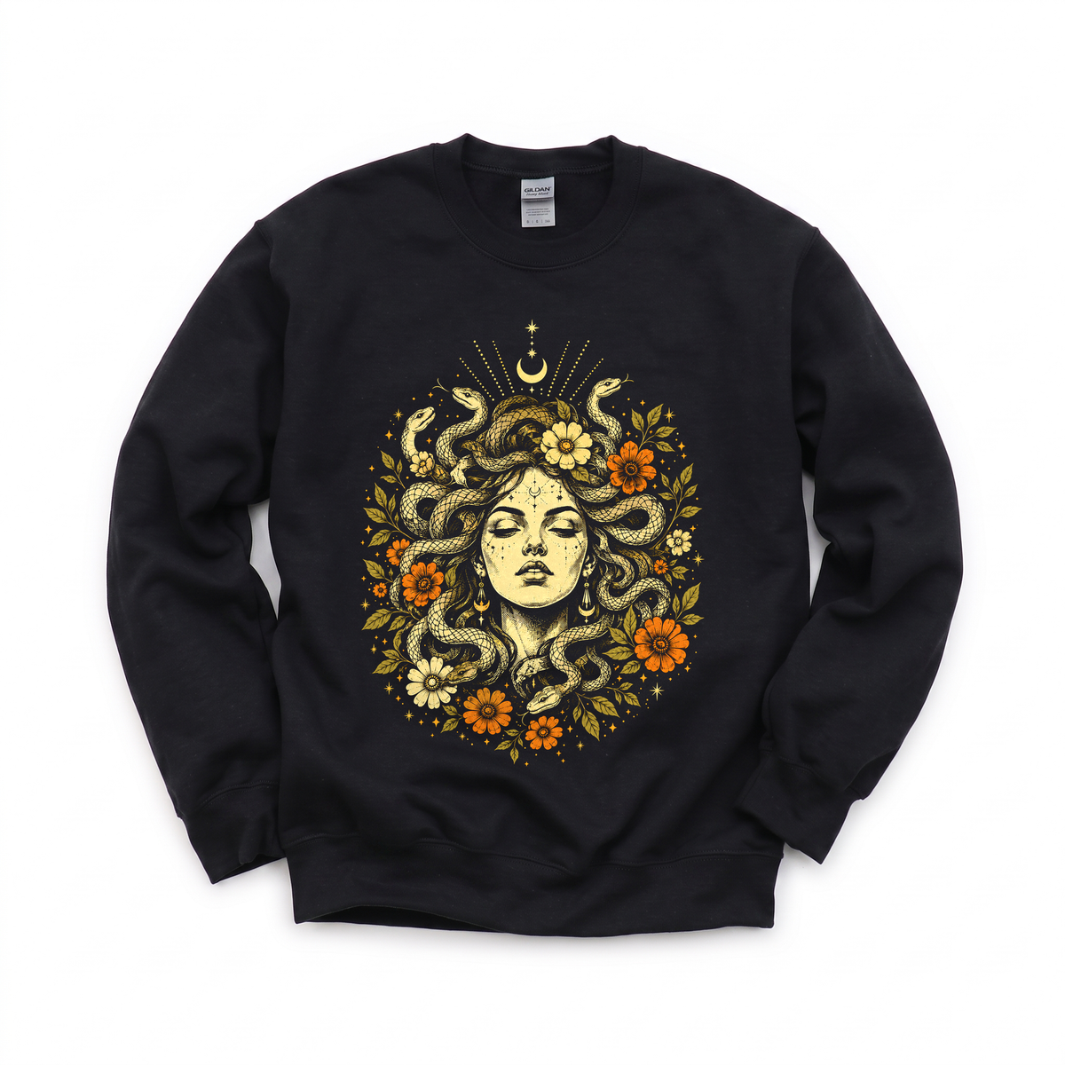 Medusa Goddess graphic on Gildan 18000 in Black
