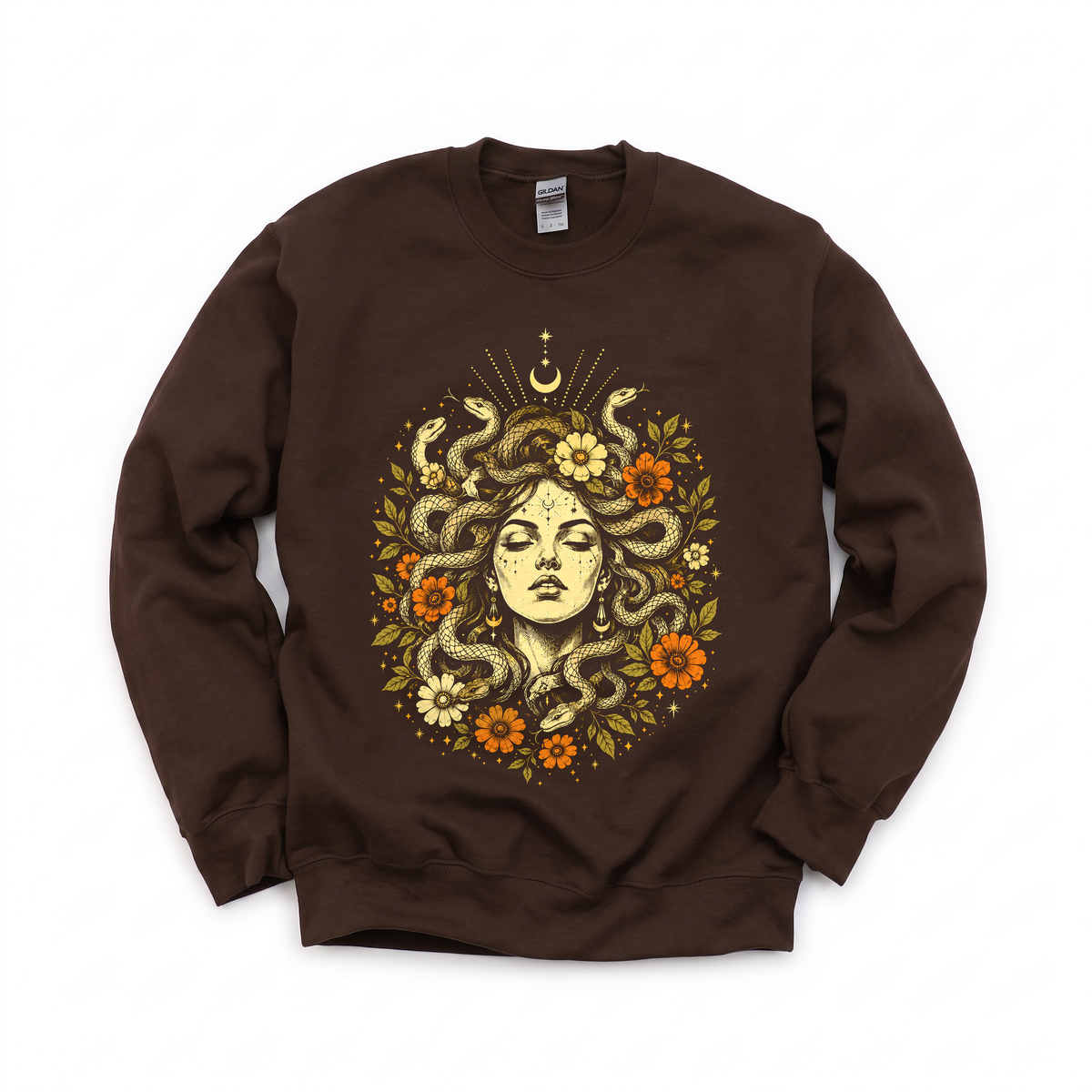 Medusa Goddess graphic on Gildan 18000 in Dark Chocolate