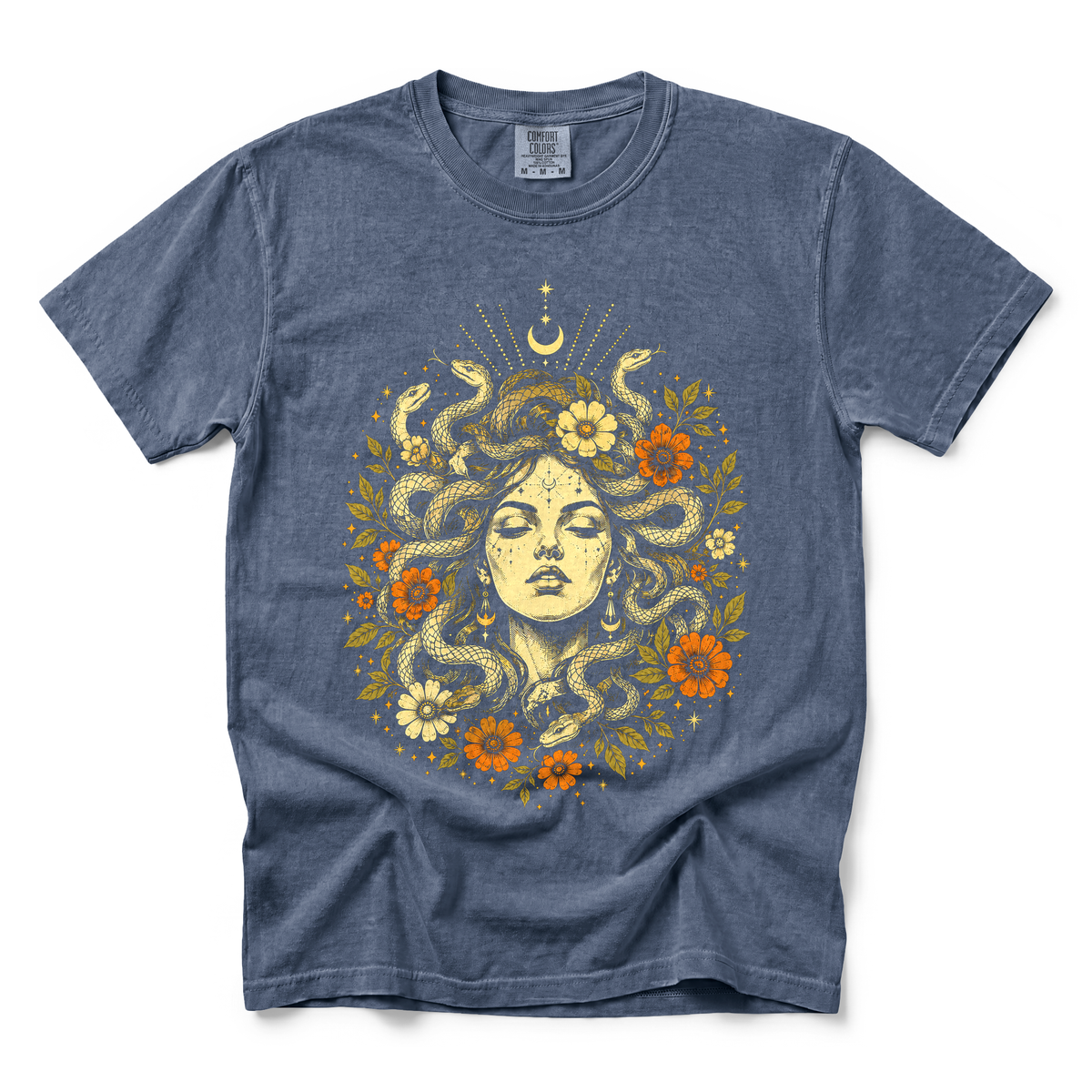 Medusa Goddess graphic on Comfort Colors 1717 in Denim