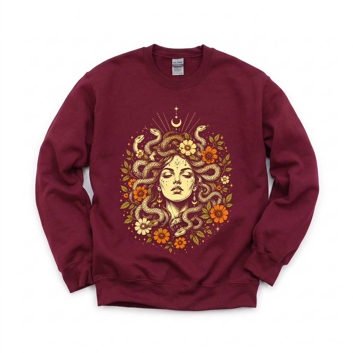Medusa Goddess graphic on Gildan 18000 in Maroon