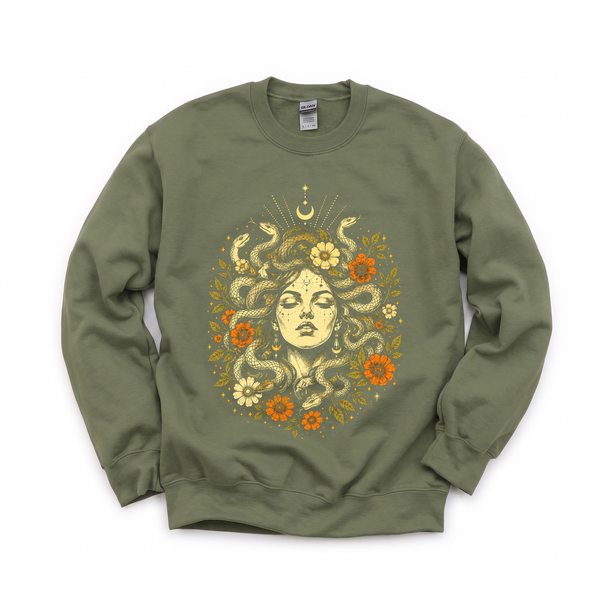 Medusa Goddess graphic on Gildan 18000 in Military Green