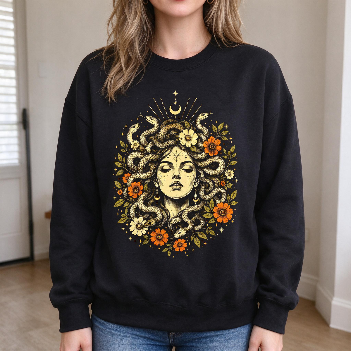 Model wearing the Medusa Goddess sweatshirt in Black