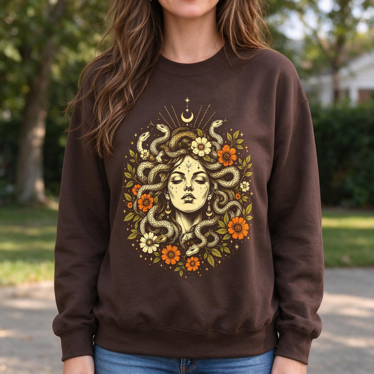 Model wearing the Medusa Goddess sweatshirt in Dark Chocolate, lifestyle image 1