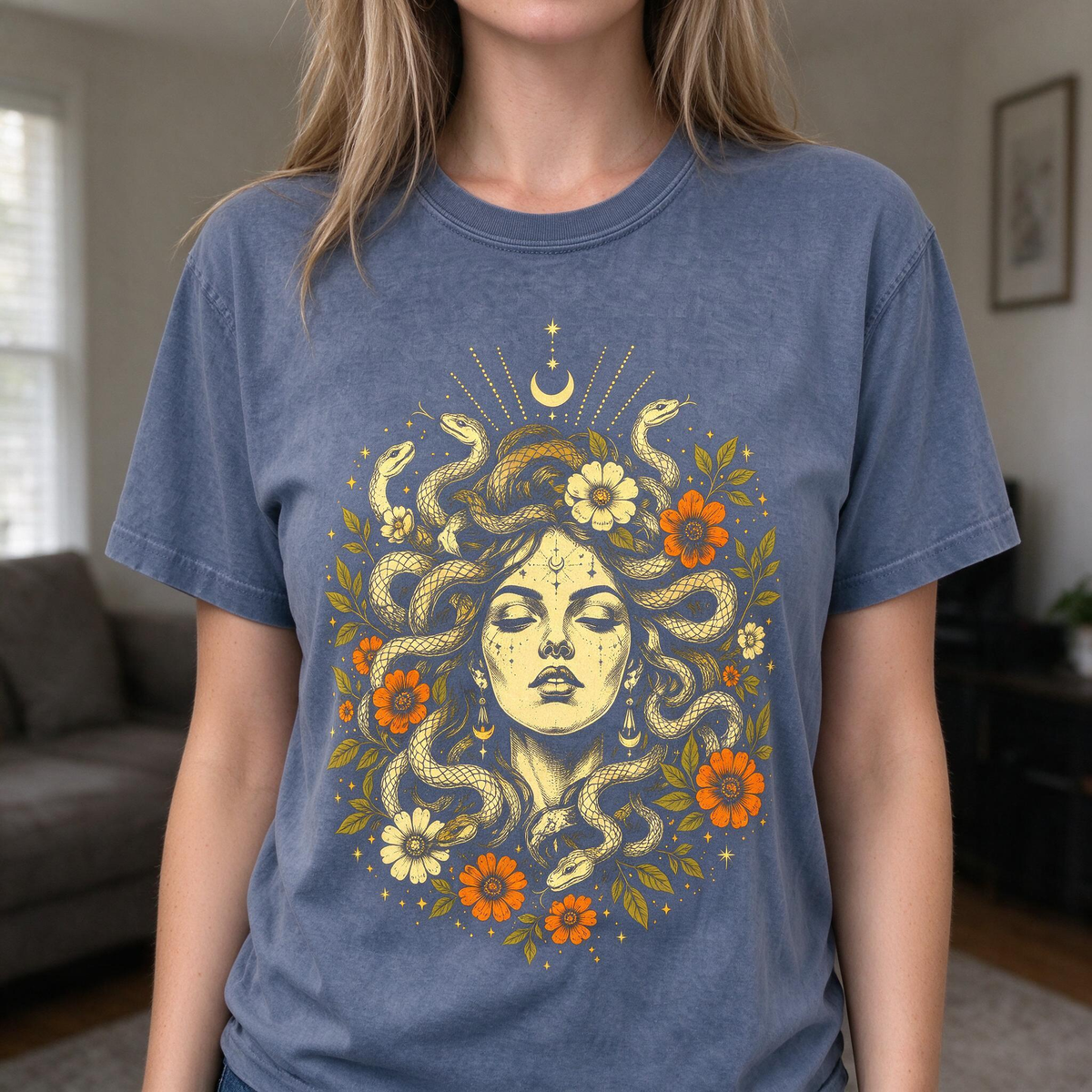 Model wearing the Medusa Goddess comfort colors tee in Denim