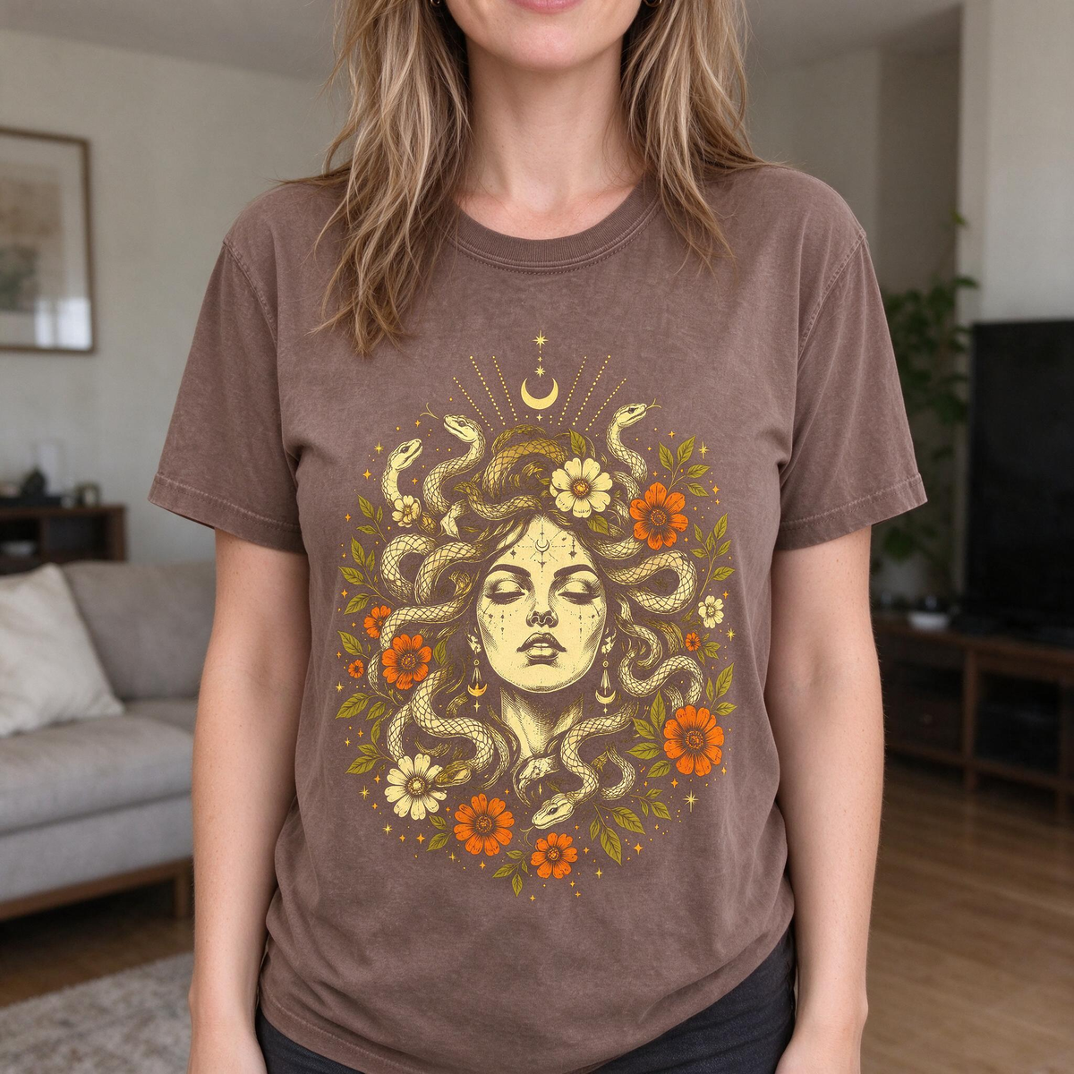 Model wearing the Medusa Goddess comfort colors tee in Espresso