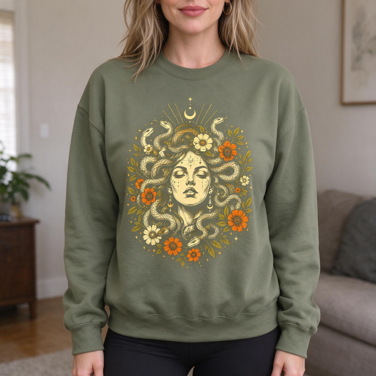 Model wearing the Medusa Goddess sweatshirt in Military Green