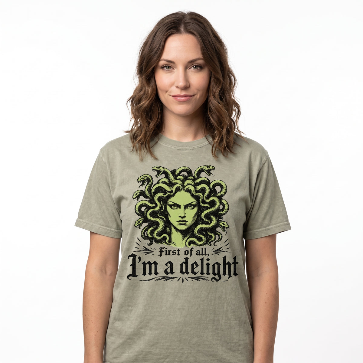 Model wearing the Medusa comfort colors tee in Khaki, cover image 1