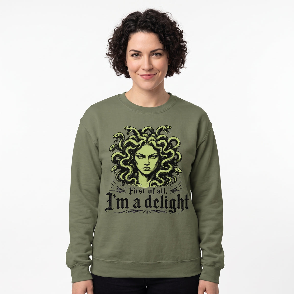 Model wearing the Medusa sweatshirt in Military Green, cover image 1