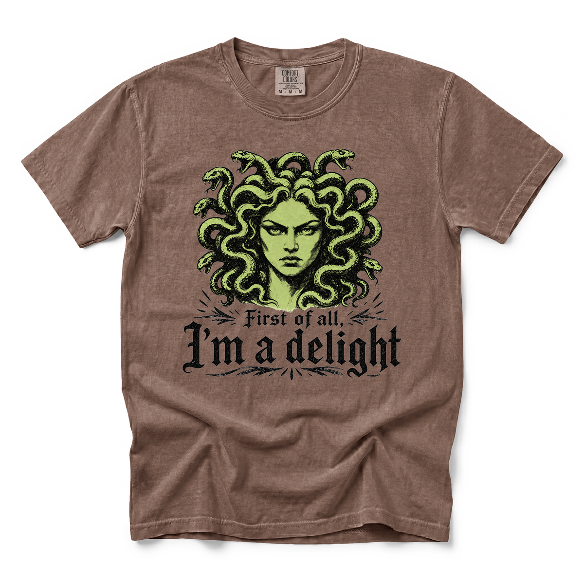 Medusa graphic on Comfort Colors 1717 in Espresso