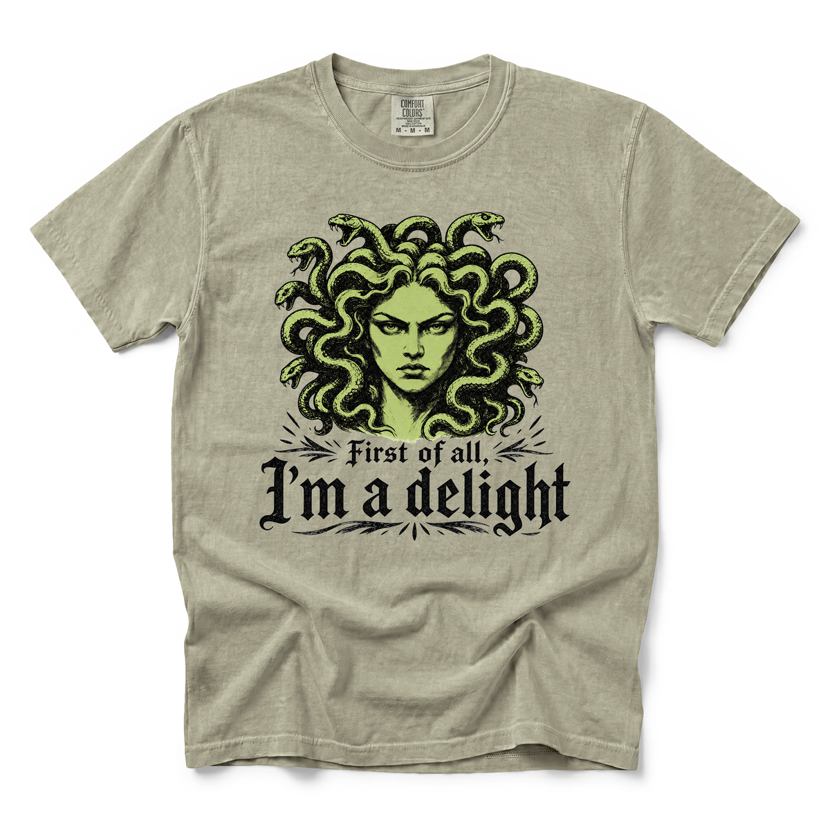 Medusa graphic on Comfort Colors 1717 in Khaki