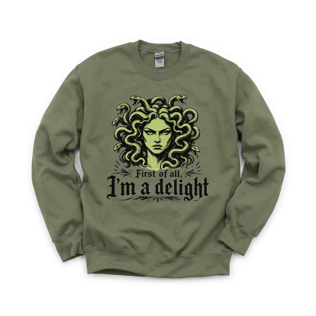 Medusa graphic on Gildan 18000 in Military Green