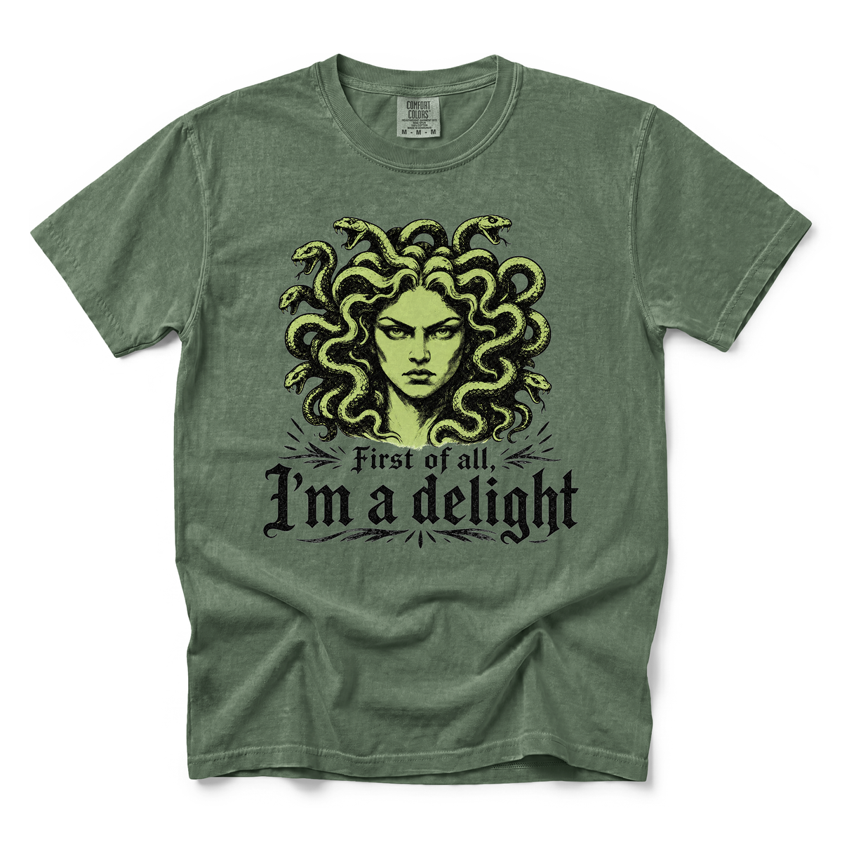 Medusa graphic on Comfort Colors 1717 in Moss