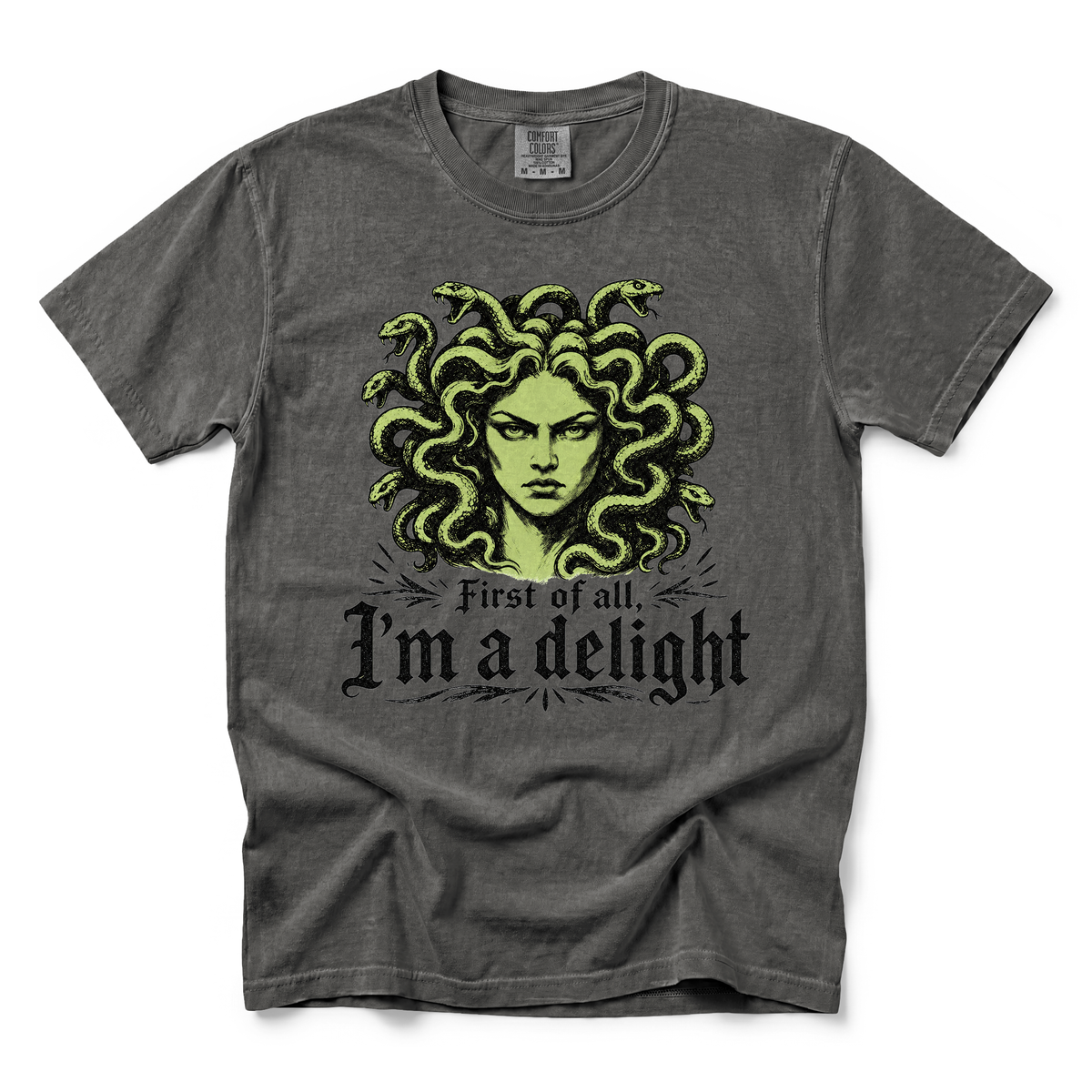 Medusa graphic on Comfort Colors 1717 in Pepper