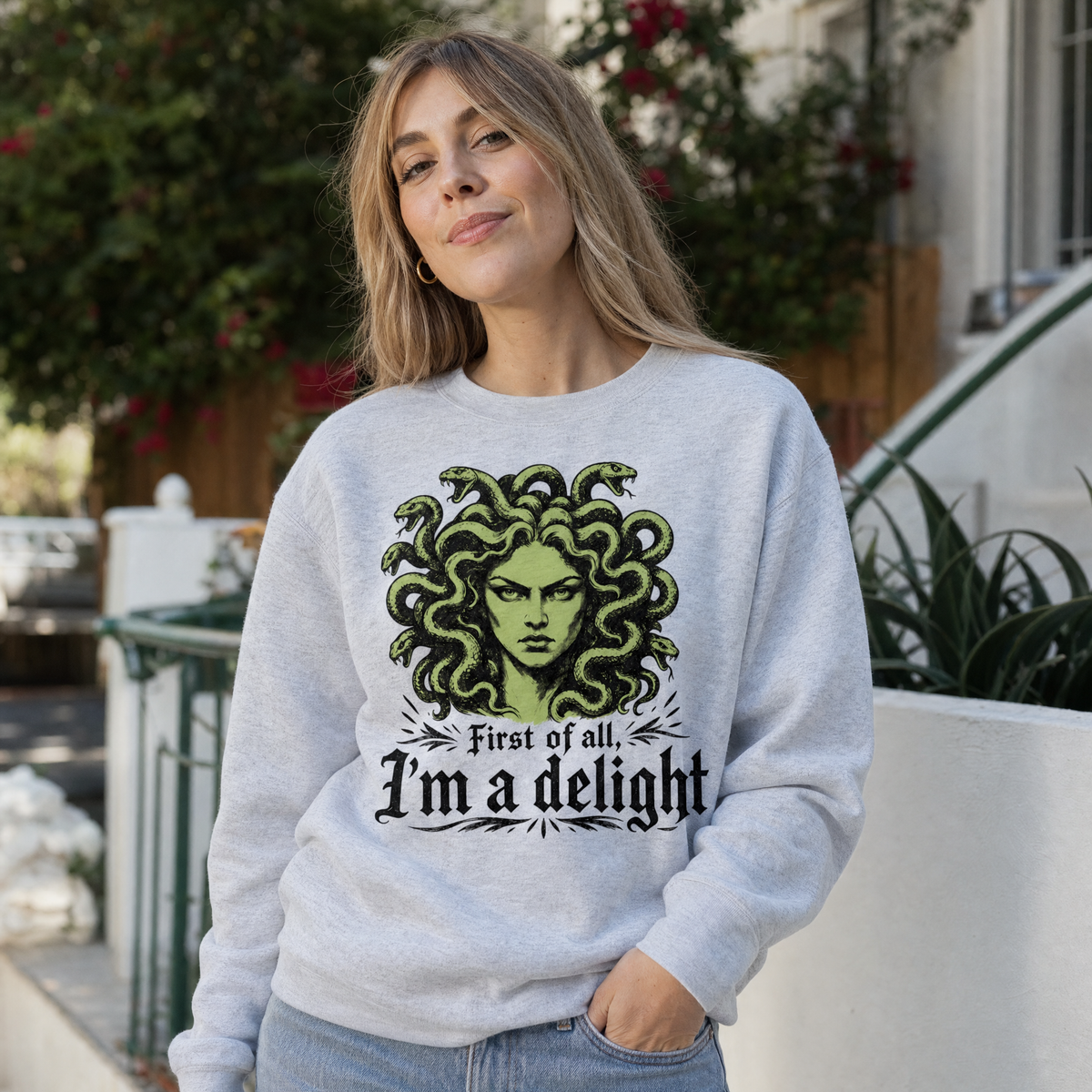 Model wearing the Medusa sweatshirt in Ash