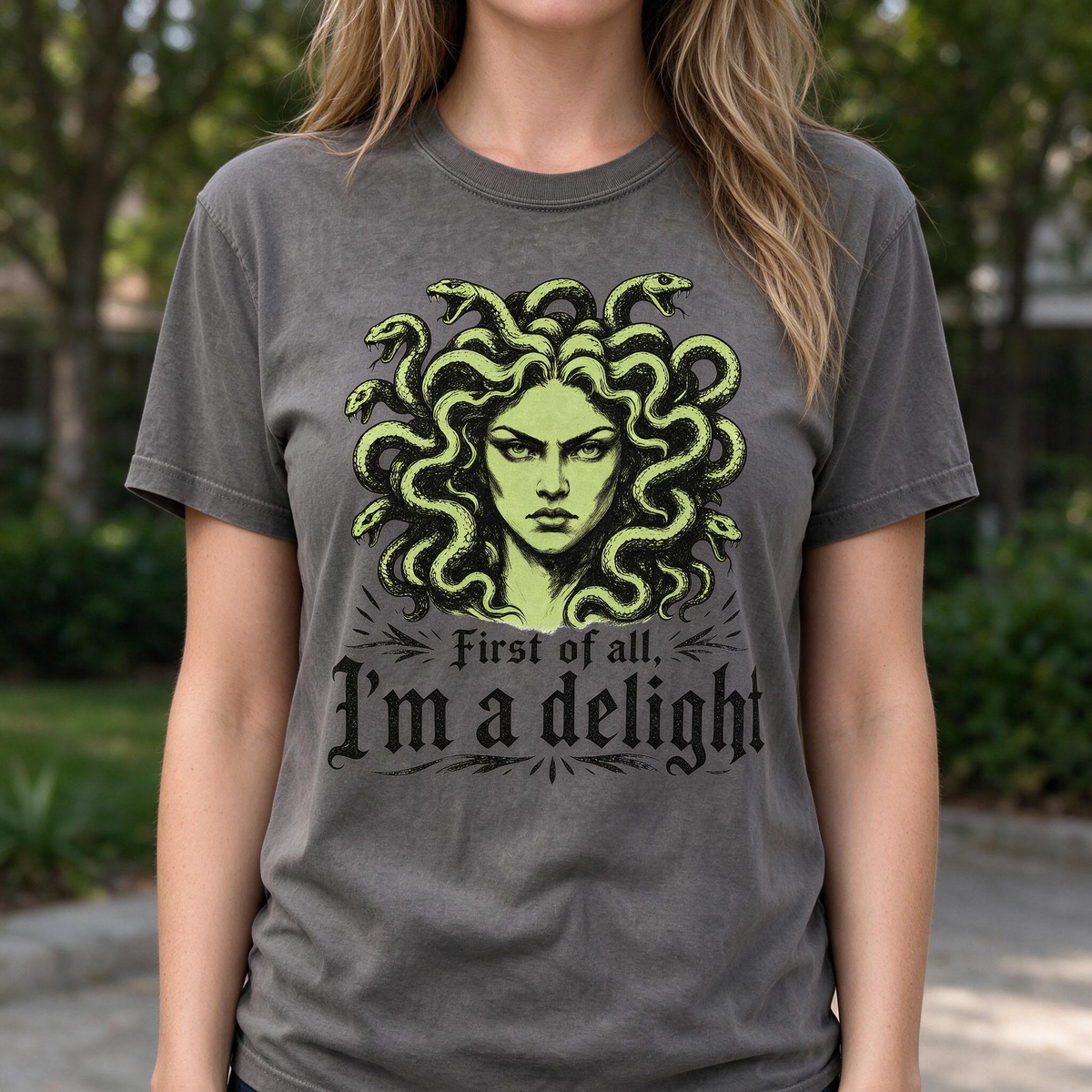 Model wearing the Medusa comfort colors tee in Pepper