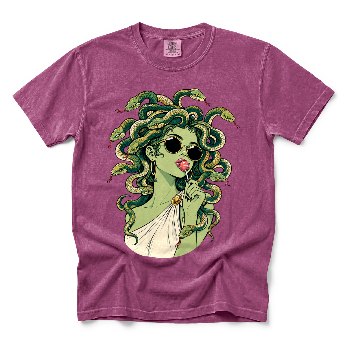 Medusa With Lollipop graphic on Comfort Colors 1717 in Berry