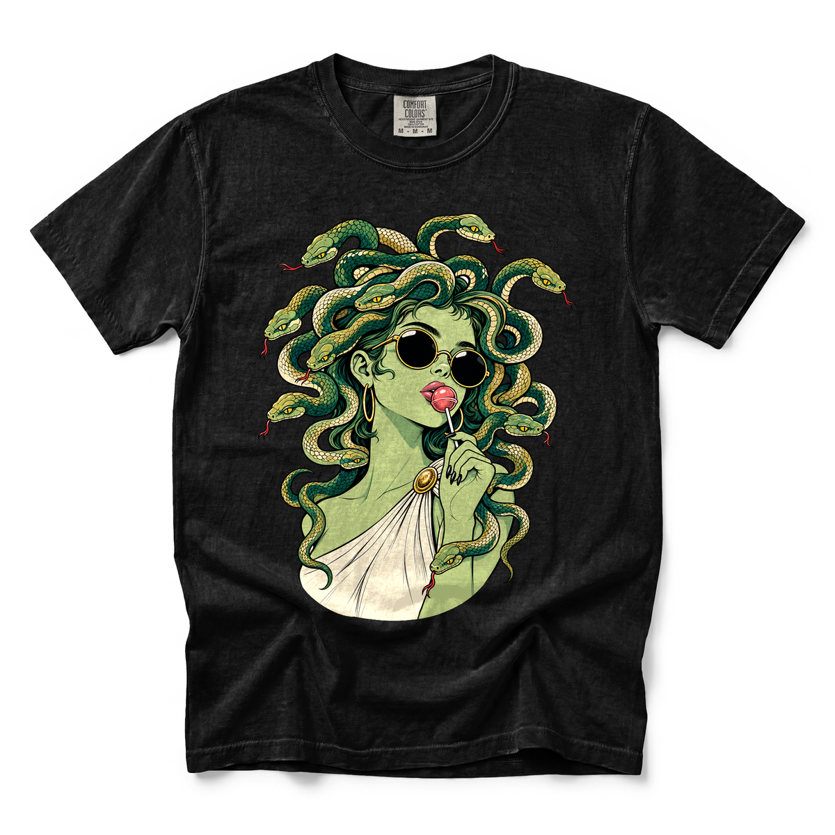 Medusa With Lollipop graphic on Comfort Colors 1717 in Black