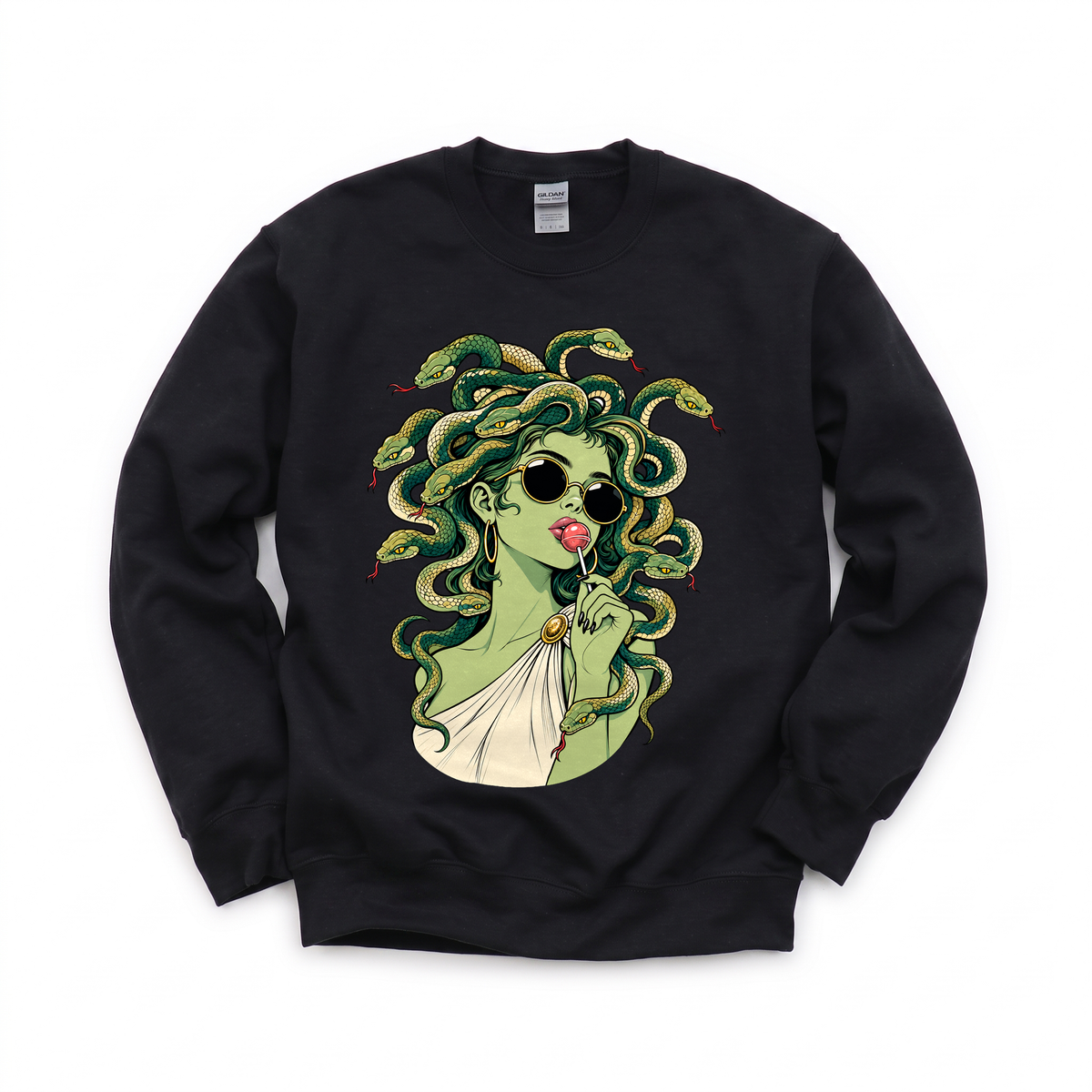 Medusa With Lollipop graphic on Gildan 18000 in Black
