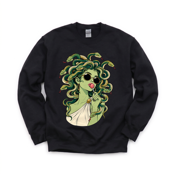 Medusa With Lollipop graphic on Gildan 18000 in Black