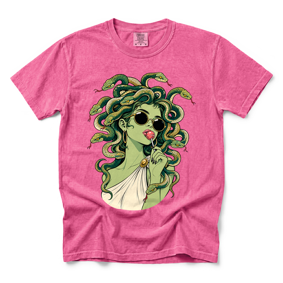 Medusa With Lollipop graphic on Comfort Colors 1717 in Crunchberry