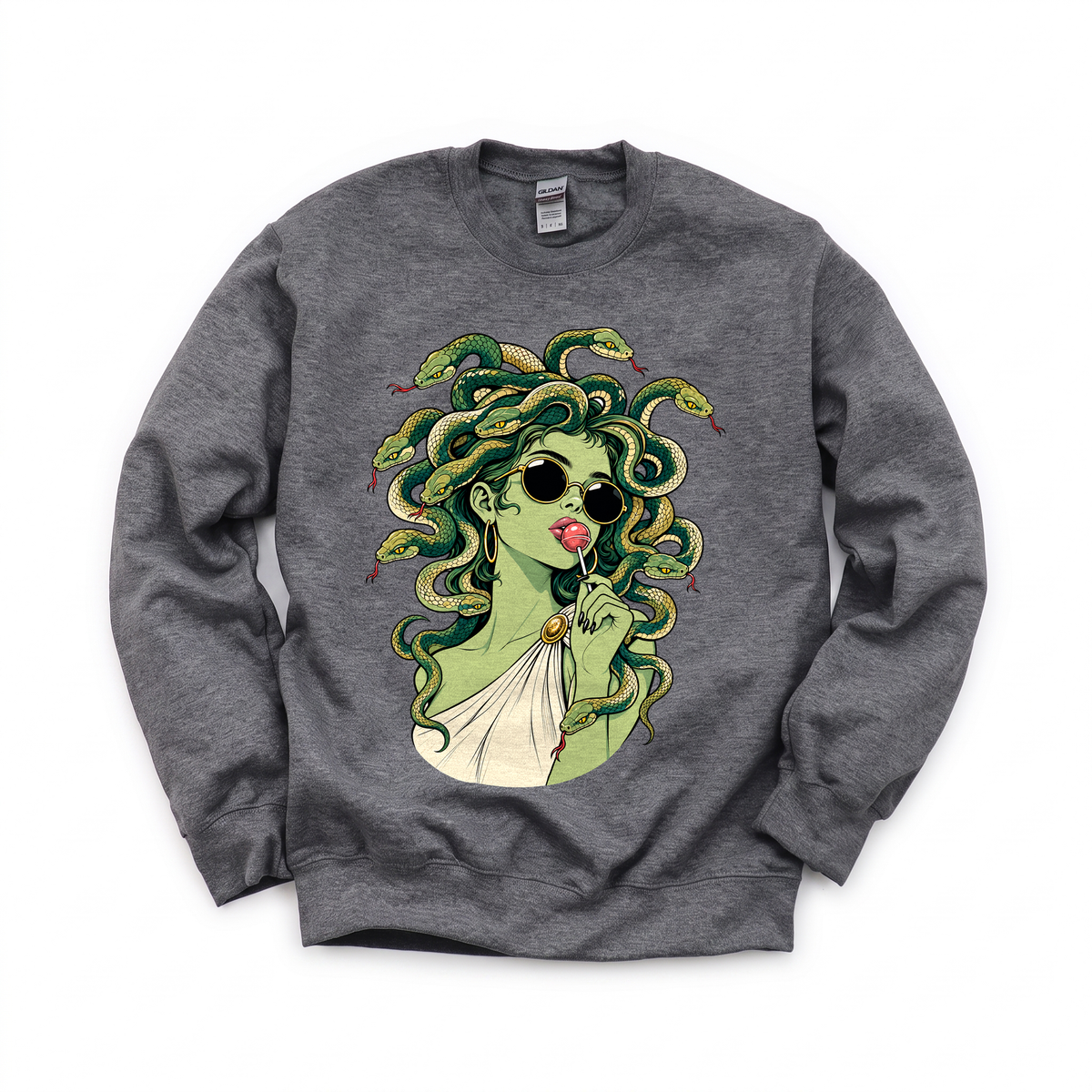 Medusa With Lollipop graphic on Gildan 18000 in Dark Heather