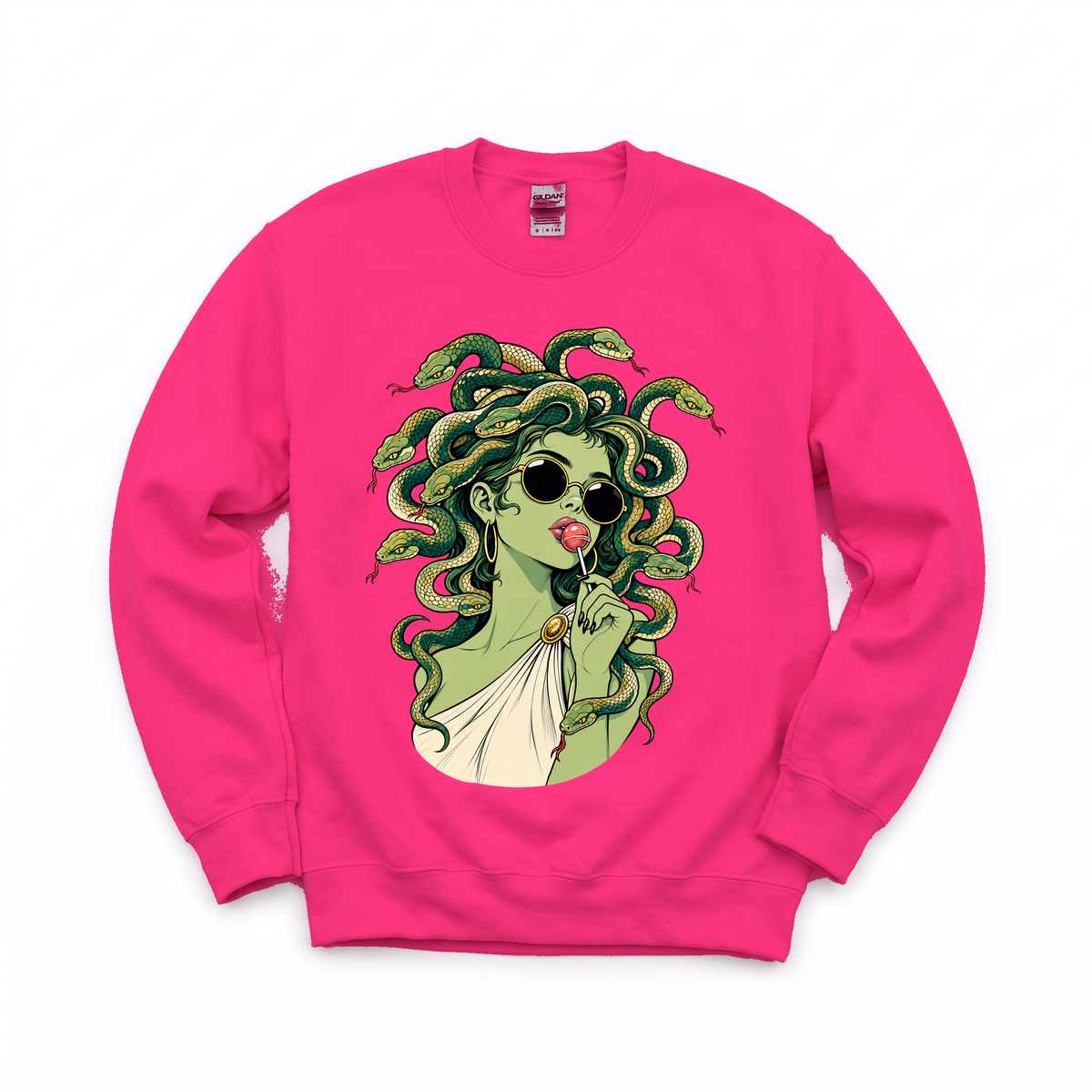 Medusa With Lollipop graphic on Gildan 18000 in Heliconia