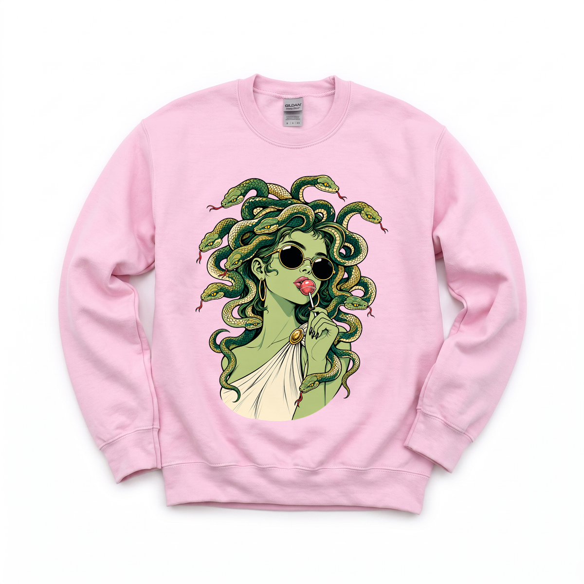 Medusa With Lollipop graphic on Gildan 18000 in Light Pink