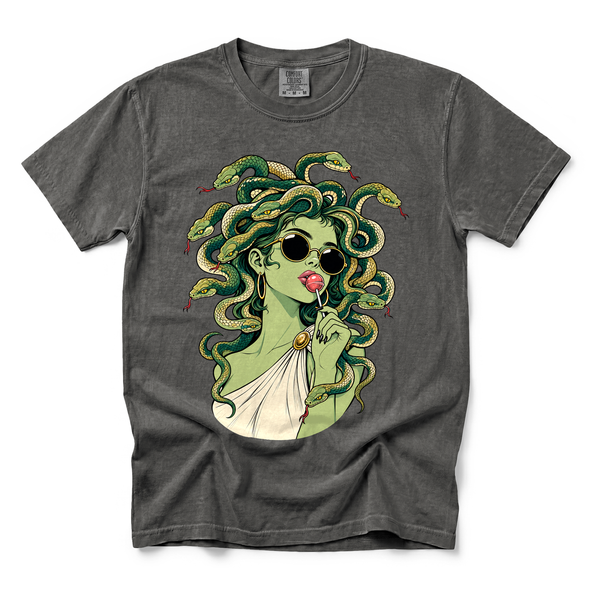 Medusa With Lollipop graphic on Comfort Colors 1717 in Pepper