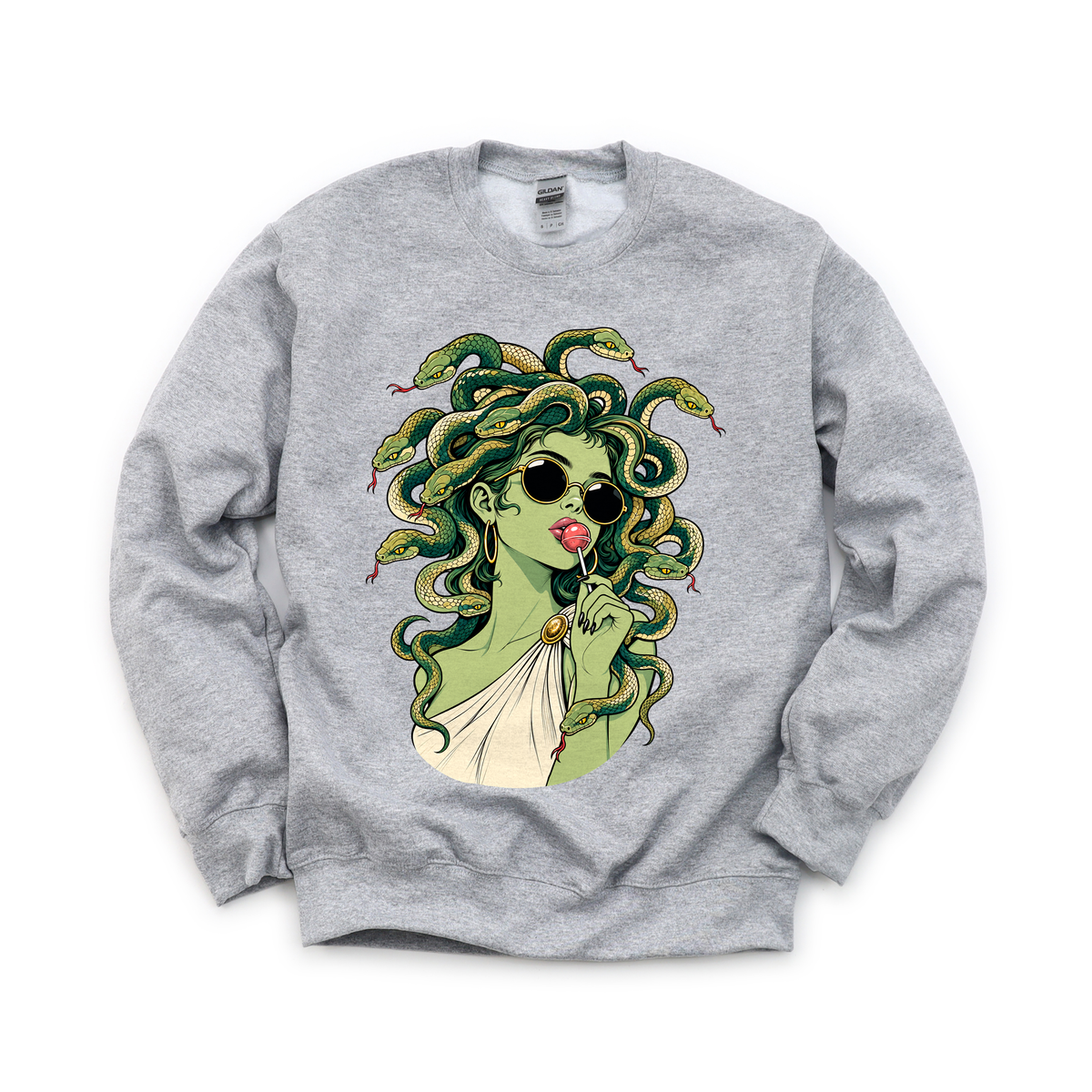 Medusa With Lollipop graphic on Gildan 18000 in Sport Grey