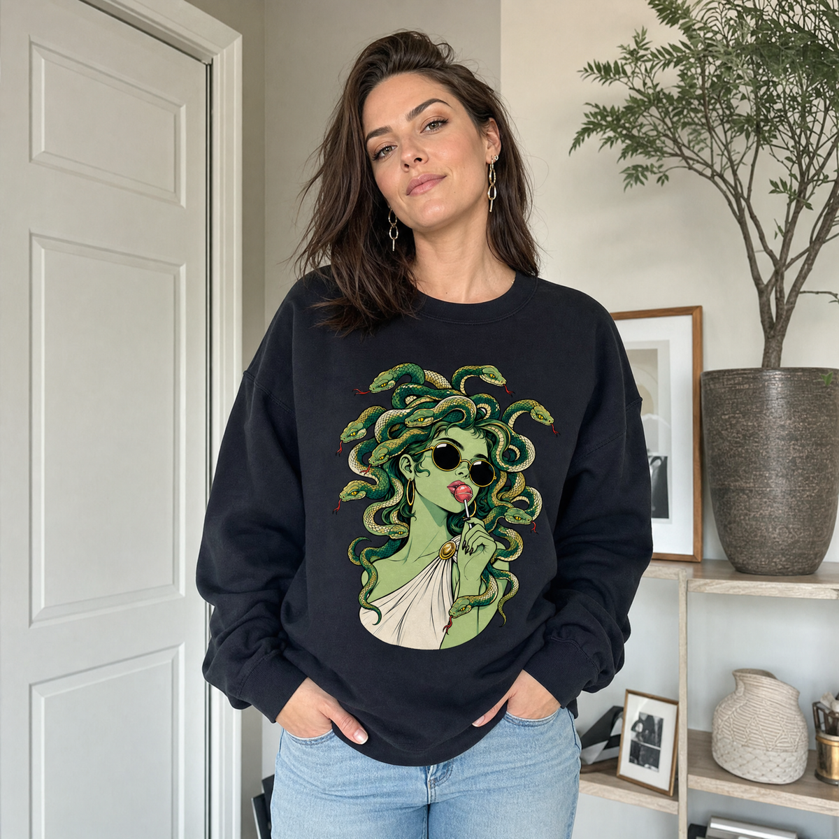Model wearing the Medusa With Lollipop sweatshirt in Black